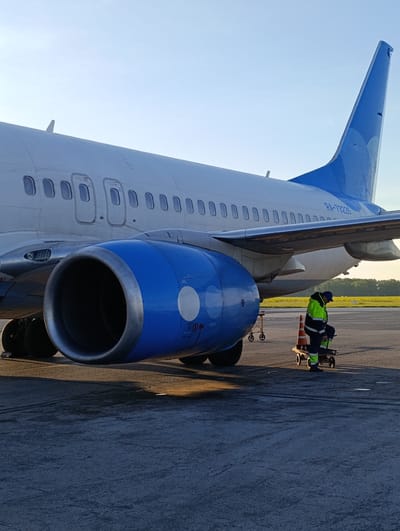 The image depicts a commercial airplane, specifically its fuselage, wing, engine, and tail fin, parked on an airport tarmac at Bolshoye Savino, Russia. The scene is bathed in the warm, soft light of either early morning or late afternoon, creating long shadows, particularly from the large blue-cowled turbofan engine in the foreground. The sky is clear and a pale blue.
The aircraft's fuselage is white, with multiple rows of passenger windows and distinct emergency exit doors visible along its side. The prominent engine on the left wing features a bright blue casing with a metallic front rim, and a large white circular marking is visible on its side. The aircraft's tail fin, rising into the sky, is also white and blue. On the tail, the Russian registration number "RA-73226" is clearly legible.
In the mid-ground, a lone ground crew worker is visible, clad in a high-visibility lime green and dark blue uniform and a blue cap. They are seated on a small wheeled platform or cart next to the aircraft's engine, with an orange traffic cone also on the cart. Another small yellow ground support equipment cart is parked further back. The worker appears to be observing the surroundings or taking a pause from their duties. Beyond the concrete tarmac, a strip of vibrant green grass and a line of trees mark the edge of the airfield. The scene suggests a quiet moment during ground operations at the airport.