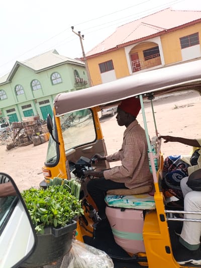 An auto-rickshaw, primarily yellow, is occupied by a driver in a red cap and patterned shirt. He operates the controls, navigating a street scene. A passenger sits partially visible beside him. In front of the vehicle, a container of leafy greens is visible. Buildings, one mint green and another yellow with a red roof, are in the background. The scene suggests a bustling urban environment with commerce and transportation intersecting.
