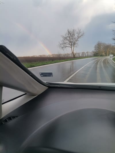 The image captures a view from inside a car, looking out through the windshield onto a wet, rural road. The dashboard and the passenger-side A-pillar are visible in the foreground, framing the scene.
The asphalt road, appearing dark and reflective due to recent rain, curves gently to the right in the distance. White road markings, including a solid line on the right shoulder and a dashed centerline, are visible. On the left side of the road, a narrow strip of green grass borders vast, brown, cultivated fields, behind which a line of bare trees stretches into the distance. Another solitary, leafless tree stands more prominently on the left side of the road, further back.
On the right side of the road, more bare trees line the path, and a light-colored car is visible in the distance, navigating the wet conditions. The sky is predominantly overcast with varying shades of grey and white clouds. A prominent, vibrant rainbow arcs across the left portion of the sky, appearing above the fields and trees. A very faint, secondary rainbow might be discernible above the primary one.
The scene suggests a moment after a rain shower, possibly in late autumn, winter, or early spring given the bare trees. The time of day appears to be daytime, with diffused light filtering through the clouds, enhancing the rainbow's visibility. There is a faint, illegible rectangular reflection on the windshield, possibly from a sticker or item inside the car. The setting is a quiet countryside road in Stefanovo, Bulgaria.