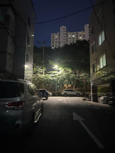 The image shows a narrow street in Geoje-si, South Korea, at night. The street is flanked by buildings on both sides, and trees line the right side of the street, illuminated by a streetlamp. Several cars are parked along the street, including a silver SUV in the foreground on the left, a dark SUV parked further down, and two smaller white cars on the right. A large, multi-story apartment building is visible in the background, its windows lit. The sky is dark blue, indicating nighttime. Road markings are visible on the asphalt, including directional arrows. A red and white circular sign with a diagonal bar is posted on a pole on the right side of the street.