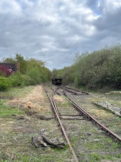 The image depicts an overgrown and seemingly disused railway line under an overcast sky, likely set in a rural or semi-rural part of the Breckland District, United Kingdom. In the foreground and midground, rusty railway tracks diverge at a switch, with wooden sleepers partially obscured by grass, weeds, and gravel ballast. Further down the main track, a dark, weathered railway wagon or small tender is visible, almost blending into the dense green foliage that lines both sides of the railway corridor.
The vegetation, predominantly deciduous trees and bushes, shows vibrant spring or early summer growth with light green leaves. To the bottom left of the frame, a portion of a building with a red-tiled roof and a prominent red flowering bush in front of it can be seen, hinting at nearby habitation or infrastructure. On the right side, an old, partially collapsed metal grid or walkway runs parallel to the tracks, adding to the sense of a neglected industrial area.
The sky is largely covered by grey, heavy clouds, though a faint patch of blue is discernible in the upper left, suggesting a cloudy daytime scene without direct sunlight. There is no human activity or visible text in the image. The overall impression is one of quiet abandonment, with nature reclaiming the former industrial landscape.