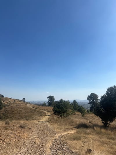 A landscape scene shows a gradient sky, transitioning from deep blue to hazy light blue near the horizon. A hillside is covered in dry grass and scattered trees. In the distance, a city is visible through the haze. A winding trail cuts through the grassy slope. The foreground includes gravel and rocky terrain.