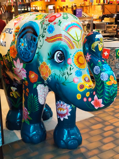 This is a medium shot, eye-level photograph of a brightly painted elephant statue in Al Matar, United Arab Emirates. The statue is predominantly teal and cream, adorned with numerous colorful floral and botanical motifs. Key features include the elephant's large ears, expressive eyes with pink irises, and a trunk that curves to the right. The artwork features a variety of flowers in shades of pink, orange, yellow, blue, and white, along with green leaves and vines. Some text, including "FLOWERS" and "INDIA", is visible on the elephant's flank.
The elephant statue is positioned on a tiled floor, composed of rectangular, reddish-brown tiles. In the background, a blurred scene suggests an indoor environment, possibly a retail or dining area. Elements like shelves with bottles, kitchen equipment, and signage are faintly discernible. Small flags, including the Swiss and Brazilian flags, are hung in the background. The lighting appears to be artificial and somewhat warm, contributing to the vibrant colors of the statue. No people are clearly visible or identifiable in the scene. The statue is the sole focal point.