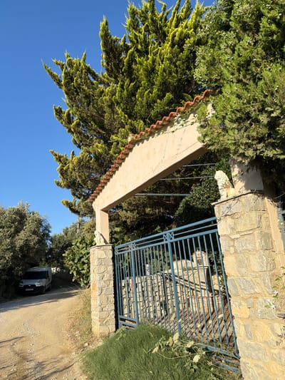 The image depicts an entryway to a property on the island of Skiathos, Greece. The entryway features a stone pillar topped with a white lion statue, supporting a stucco archway adorned with terracotta roof tiles. A blue metal gate stands open, revealing a glimpse of a small building within the property. To the left of the entryway, a dirt road leads past a white van parked beside a cluster of trees. The overall scene is bathed in the warm, clear light of a sunny day.