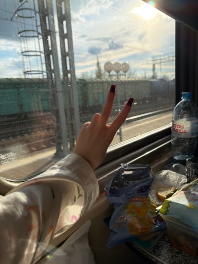 The image captures a view from inside a train, likely traveling through a location in Russia, perhaps near Krasnyy Sulin. The focal point is a hand held up in a peace sign against the train window, which is slightly dirty and reflects the external environment. Outside the window, there is a blurred cityscape and a blue sky with some clouds visible.

To the right of the hand, on what appears to be a train seat or tray, are various snack items. These include a plastic bottle of water labeled in Russian ("ЯТОЙ ОЧНИК"), a bag of potato chips ("КОРНЕРГ"), and other snacks in plastic packaging. The image has a slightly angled perspective, suggesting it was taken casually. The light is bright, with the sun reflecting off the window, creating a somewhat hazy atmosphere.

The arm and part of the shoulder of the person holding the hand are visible, wearing a patterned white and beige garment. Details like infrastructure, such as railway or highway structures, can be seen through the window, but are out of focus. The scene conveys a sense of travel and the comfort of snacking on a train journey.