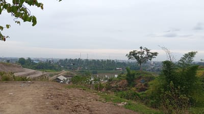 This image depicts an aerial view of Geulangganggampong, Indonesia, with a focus on the transition from a construction site to a more settled area. In the foreground, a dusty, barren slope dominates, with evidence of recent earthmoving and construction, including a partially built road or embankment. Scattered on the dirt are a few plastic bottles and pieces of debris.
Further down the slope, a small cluster of buildings with dark roofs are visible, one of which appears to be a house with a prominent gabled roof. A body of water, likely a pond or small lake, lies beyond these structures, reflecting the overcast sky.
The mid-ground is characterized by lush green vegetation, including a dense stand of palm trees that stretches towards the horizon. A solitary, mature tree with a distinctive branching pattern stands on a small rise, contrasting with the surrounding foliage. Several communication towers are visible in the distance, piercing the hazy sky above a sprawling urban landscape. The city itself is a mix of buildings and more trees, suggesting a settlement interspersed with natural elements. A bird is captured in mid-flight between the foreground and the lake. The overall atmosphere is subdued due to the cloudy weather.