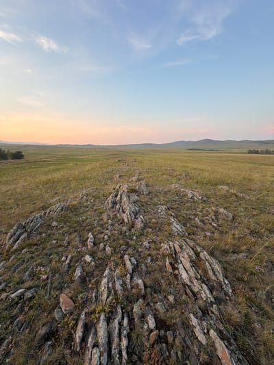 An outdoor, wide-angle, eye-level shot shows a panoramic view of a vast, grassy steppe at dusk, located in the vicinity of the village of Kuseyevo, Russia. In the foreground, a rocky outcrop is covered with sparse vegetation, including small purple wildflowers and dry grasses. The middle ground transitions into a flat expanse of dry, golden-yellow grass stretching towards the horizon, dotted with a few scattered trees and clusters of vegetation. In the distance, rolling hills create a soft, undulating skyline. The sky above is a gradient of pale blue, transitioning to soft pink and orange hues near the horizon, with a few wispy clouds. The lighting suggests the golden hour just before sunset. No people or animals are present.