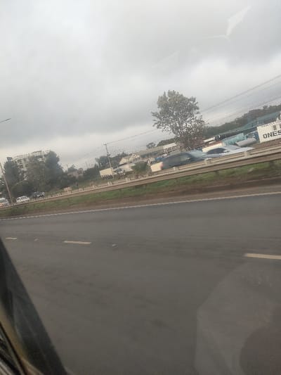 This image depicts a wide-angle, outdoor urban scene captured during an overcast day in Biashara ward, Kenya, likely from a moving vehicle. The foreground consists of a multi-lane asphalt road, partially visible, with white dashed lane markings. A dark, indistinct reflection or shadow is present in the lower-left corner, suggesting the viewpoint is from inside a vehicle.

Immediately beyond the foreground road is a grassy median strip with a horizontal metal guardrail, approximately hip-height, extending across the frame. Behind this guardrail, a parallel road or service lane is visible, featuring multiple vehicles. A dark-colored car in the mid-ground exhibits motion blur, indicating movement from right to left. Other vehicles, including lighter-colored cars and a white truck, are parked or moving slowly further down this lane.

The background presents an urban environment with various structures and vegetation. On the far left, a multi-story building stands amidst numerous trees. Utility poles and power lines crisscross horizontally across the mid-background. In the center-right, a prominent deciduous tree with light, sparse foliage is noticeable. Further to the right and in the deeper background, a collection of single-story buildings and multiple blue and white shipping containers are visible. Partial lettering on the containers includes "ONES" and "STAR OIL STEEL." The sky above is uniformly grey and cloudy, indicating overcast conditions. No discernible human figures are clearly visible within the frame.