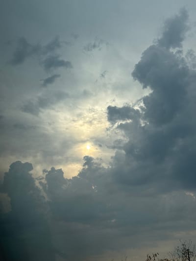 This media file is a vertical, full-frame photograph of a cloudy sky. The clouds are dark and heavy, with shafts of sunlight breaking through in the center. The sun appears to be low in the sky, suggesting either early morning or late afternoon. The overall mood is dramatic and slightly ominous, hinting at an impending storm or the aftermath of one. There are no people or objects visible, only the expansive sky. The top right of the image shows a silhouetted portion of a tree with bare branches, which could indicate a temperate climate. While the location context is provided as Brashlen, Bulgaria, there are no specific visual cues within the image to confirm this. No text is visible in the image.
