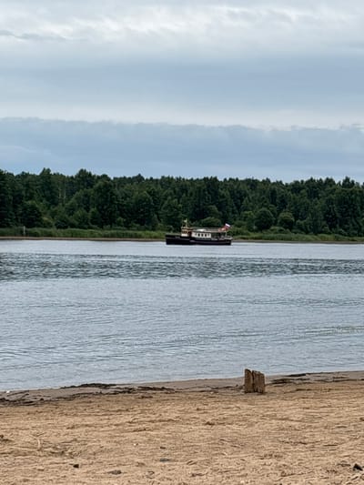 This image depicts a wide, calm river with a wooded shoreline in the distance. In the middle of the river, a dark-colored boat with a white superstructure and a Russian flag is moving from left to right. The riverbank in the foreground is sandy with some debris. The sky is overcast with grey clouds. The scene appears to be a natural landscape within the city of Nevskaya Dubrovka, Russia.