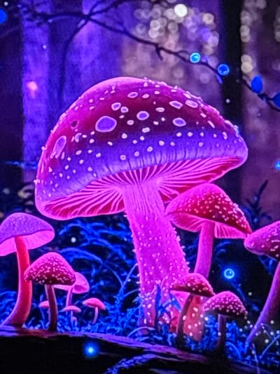 The image displays a surreal, nocturnal forest scene dominated by oversized, bioluminescent mushrooms rendered in vibrant shades of pink and purple. These mushrooms, some with distinctive white spots, emit an otherworldly glow, illuminating the surrounding foliage. The environment is bathed in a deep blue and purple light, suggesting the presence of artificial lighting or a magical ambiance. Small, glowing blue orbs, resembling fireflies or ethereal lights, are scattered throughout the scene, adding to the enchanted atmosphere. The mushrooms appear to be growing on a dark, textured surface, possibly a log or the forest floor. The image does not depict any people or specific identifiable landmarks within the city of Gurkovo, Bulgaria.