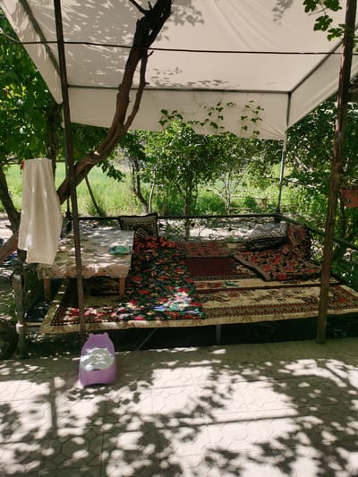 This image captures an outdoor seating area beneath a white canopy, likely in Karabair, Uzbekistan. The area is furnished with a low, wide bench covered in an assortment of colorful rugs and cushions, suggesting a relaxed, traditional setting. A white towel hangs from a nearby tree branch. To the left of the bench, a table is set up, also covered with a patterned cloth. In the foreground, a small, purple child's potty sits on a tiled patio. The surrounding environment is lush and green, with trees and foliage providing shade and a natural backdrop. The scene appears to be a quiet, shaded spot for rest or recreation outdoors.