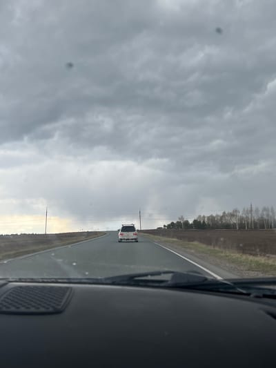 The image captures a perspective from inside a moving vehicle, looking forward down a rural road under an overcast sky.
In the immediate foreground, a dark grey or black section of the car's interior, possibly a door frame or dashboard, occupies the right side of the frame, indicating the viewpoint is from within the vehicle.
A two-lane paved road, appearing wet, stretches into the distance. White solid lines mark the road's edge on the right. Further down the road, a white pickup truck or SUV is visible, driving away from the viewer. Utility poles and power lines run parallel to the road on both sides, disappearing into the distance.
On either side of the road, agricultural fields extend. The field on the left appears to be freshly tilled earth, while the one on the right shows patches of grass and earth. A line of trees borders these fields in the mid-distance. Some trees are bare deciduous, possibly birches, while others retain their foliage.
The sky is heavily overcast with multiple shades of grey clouds, suggesting dull or rainy weather. A slight lightening of the sky is visible near the horizon, hinting at the sun's position or a break in the clouds. Several small, dark circular spots are visible against the sky, likely dust or imperfections on the camera lens or windshield.
The scene depicts a daytime journey through a rural landscape, characterized by very cloudy weather and a wet road, consistent with an ordinary drive in a countryside setting such as Ledukhi, Russia. No visible text is present in the image.