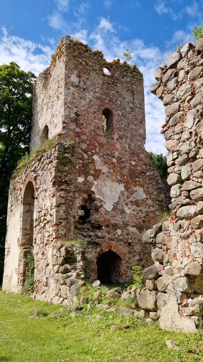 The image shows the ruins of the castle of Embūte in Embūte, Latvia. The ruins are composed of stone and brick, with some sections of the walls still standing tall. There are several arched openings and windows visible in the structure. Vegetation, including grass and trees, surrounds the ruins, and a blue sky with clouds is visible in the background. The scene is a historical ruin with no people present.