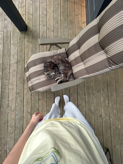 A first-person perspective shot shows a person's legs and torso on a wooden deck. The person is wearing light gray sweatpants and a light yellow t-shirt with a green and blue graphic. White socks are visible on the person's feet. To the left, a gray and brown striped cushion is on a chair, with a tabby cat sleeping on it. A black vertical beam is in the upper left corner of the image, and a portion of a black railing is visible on the right side. The wooden deck planks are oriented vertically in the image. The scene appears to be outdoors, possibly on a porch or patio.