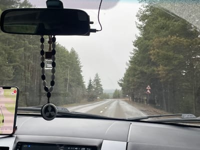 Captured from within a vehicle, the image depicts a rain-slicked road cutting through a dense forest in Gol'yany, Russia. Tall coniferous trees line both sides of the asphalt, creating a tunnel-like effect. Road markings are visible on the wet pavement, and a road sign appears on the right side of the road. The car's dashboard is in the foreground, and a rearview mirror is suspended above. A phone displaying a navigation app is mounted to the left of the steering wheel. A beaded ornament with the Mitsubishi logo hangs from the rearview mirror. The weather appears overcast.