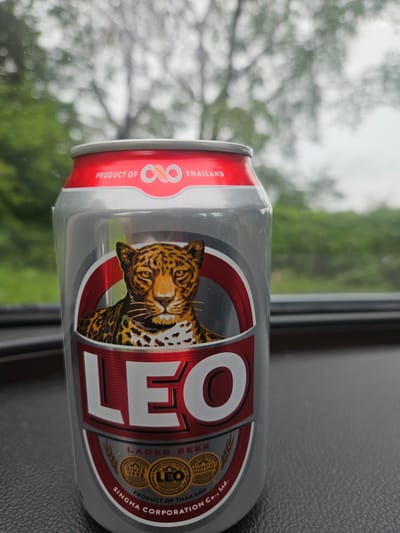 This image, captured in Basingstoke and Deane, United Kingdom, prominently features a silver aluminum can of Leo Lager Beer positioned on a dark, finely textured surface, likely an automotive dashboard or a table next to a window. The can's upper section is red, displaying the phrase "PRODUCT OF THAILAND" alongside a stylized interlocking logo. Below this, the primary label showcases a realistic depiction of a leopard's head and shoulders, rendered in shades of orange, black, and tan, framed by a red and silver border. The brand name "LEO" is emblazoned in large, white, sans-serif letters with red outlines, below the leopard illustration. Additional text, including "LAGER BEER," "SINCE 1998," and "SINGHA CORPORATION Co., Ltd.," is visible on circular emblems and along the lower curve of the label. The background, viewed through a window, is significantly blurred, depicting out-of-focus green foliage and tree branches under an overcast or rainy sky, with small water droplets adhering to the glass surface. No individuals are present in the scene.
