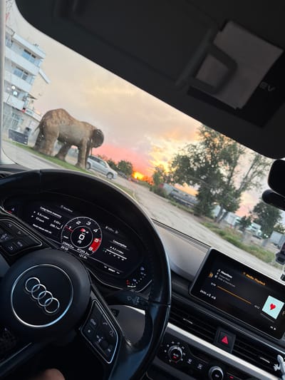 This media file provides a view from inside a car, looking out through the windshield. The setting appears to be a somewhat urban or suburban environment, with buildings and trees visible. The sky is illuminated by a sunset, casting warm orange and yellow hues across the scene.
A prominent object in the foreground, reflected on the windshield, is a statue or large sculpture of an elephant. The car's interior is also visible, including the steering wheel with Audi branding, the dashboard display showing speed and other vehicle information, and the infotainment screen. The infotainment screen displays the song "Heartless" by Kanye West, playing from "808s & Heartbreak," with the current time indicated as 20:50. The dashboard also shows the time as 20:50 and displays a temperature of +21.0°C. The car has traveled 259,422 km.
The overall mood suggested by the sunset and the interior of the car is one of quiet travel or a pause during a journey. The presence of the elephant sculpture is a striking and unexpected detail. The text visible confirms the song being played and provides data about the car's performance and the current time and temperature.