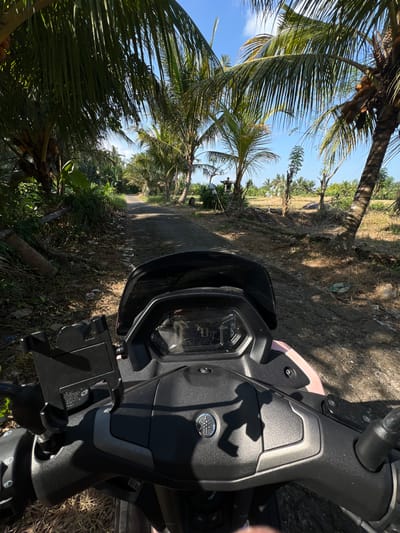 The image shows a first-person perspective from a scooter traveling down a narrow, unpaved road lined with palm trees and lush vegetation. The road is partially covered in debris, including leaves, branches, and scattered plastic waste. The sky is clear and blue. In the distance, rice paddies are visible. The scooter's dashboard and handlebars are in the foreground, with a phone mount attached to the handlebars. The location is identified as Kerambitan, Indonesia, a region known for its rural landscapes and agricultural areas. The overall impression is that of a scenic, tropical journey through a less developed area.