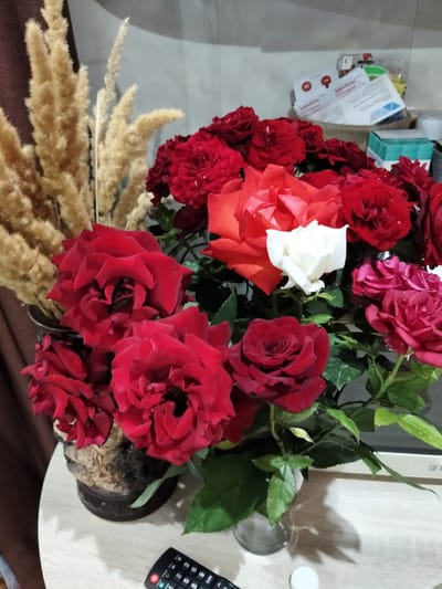 In an indoor setting, possibly a room in the city of Lobacheve, Ukraine, a bouquet of red and white roses is arranged in a textured vase. The vase appears to be made of a material resembling stone or ceramic and sits on a light-colored wooden surface, likely a table. Behind the roses, several stalks of dried pampas grass stand tall, adding texture and height to the arrangement. In the background, several boxes of medication, including what appears to be Salpadeine, are visible on a shelf. To the right of the bouquet, part of a silver-colored object, possibly an appliance or electronic device, is visible. A black television remote control lies on the wooden surface in the foreground. The lighting suggests it is daytime, with soft shadows cast on the table.