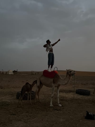 In Douar Ait Daoud, Morocco, a young Black male stands on the back of a camel, his arms outstretched. He wears a patterned shirt, blue shorts, and white sneakers. The camel, adorned with a red saddle pad, stands in a dusty, arid landscape under a cloudy sky. To the left of the larger camel, a smaller camel calf nurses. In the background, several white structures, possibly tents or small buildings, are visible. The ground is a mixture of dirt and straw. A large black tire lies near the camels.
