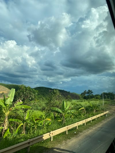 This image depicts a rural landscape in Thôn 18, Vietnam, characterized by lush greenery under a dramatic sky. A paved road runs along the right side of the frame, bordered by a weathered yellow guardrail. In the foreground, banana trees with their characteristic large leaves are prominent, interspersed with tall grass. Beyond the immediate roadside vegetation, rolling hills covered in dense green foliage dominate the middle ground. The background features a distant, lighter green mountain range under a sky filled with heavy, dark clouds, suggesting an approaching storm or recent rainfall. A thin electrical wire stretches horizontally across the upper portion of the scene, connecting to poles visible in the distance. The overall impression is one of natural beauty and agricultural activity in a tropical environment. There are no people visible in the image.