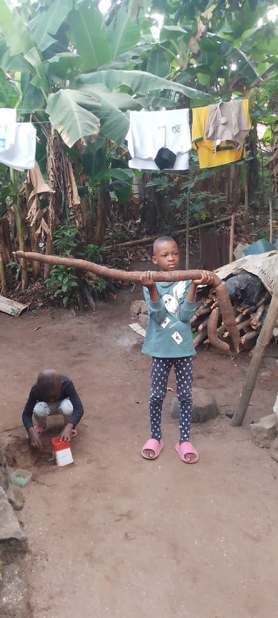 In Ohafia, Nigeria, two children are observed in an outdoor, unpaved area. The ground is reddish-brown dirt. In the foreground, to the right, a young child stands facing right, holding a long, thick, brown root or branch horizontally with both hands. This child wears a teal long-sleeved shirt with a white owl graphic, blue leggings with white star patterns, and pink slide sandals. To the left, a second, slightly smaller child crouches on the dirt, facing downwards, manipulating a red and white toy bucket or scoop near a small pile of dirt. This child wears a dark long-sleeved shirt with light-colored patterns, light-colored pants, and pink slide sandals. A small green toy container is visible near the crouching child. In the background, lush green banana plants dominate the upper frame. A clothesline strung between unseen supports displays various articles of clothing, including white t-shirts, a yellow shirt, and a dark, possibly spherical object hanging from a white shirt. To the right of the standing child, a pile of dried wood or roots is stacked against an obscured structure.