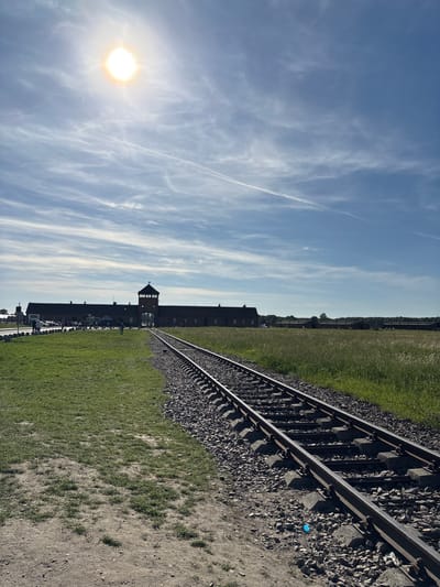 The image shows the entrance and railroad tracks leading into Auschwitz II-Birkenau, a former Nazi concentration and extermination camp located in Brzezinka, Poland. The rail tracks are lined with gravel and green grass. The guard tower is visible. A row of buildings is located near the tower. A sunny sky is in the background.