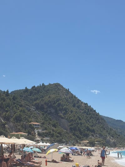 The image depicts a crowded beach scene with a mountainous backdrop, likely within the Municipal Unit of Sfakiates, Greece, a region known for its picturesque coastline. The sky is clear blue, with a few wispy clouds.

In the foreground, a sandy and pebbly beach is covered with numerous beach umbrellas and lounge chairs, indicating a popular tourist destination. Many people are seen relaxing on the chairs or walking along the shore. Some are dressed in swimwear, while others wear casual summer clothing. Activities include sunbathing, walking, and wading in the water.

In the mid-ground, behind the beach, there are a few buildings, including what appears to be a hotel or villa nestled into the hillside. The hillside itself is densely covered with lush green vegetation, primarily trees and shrubs, characteristic of the Mediterranean landscape.

Further in the background, the imposing mountain range dominates the scene, its slopes covered in similar dense greenery. The natural beauty of the mountains contrasts with the developed beach area below. The presence of umbrellas, chairs, and people suggests a well-established tourist resort. The sea is visible on the right side of the image, with people in the water. The overall impression is a vibrant and sunny summer day at a popular Greek beach.