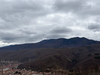 The image presents a panoramic view of a mountainous landscape encompassing the town of Sveti Konstantin, Bulgaria, under a uniformly overcast sky. The upper two-fifths of the frame are filled with a dense layer of grey clouds. Below the cloud line, a series of undulating hills and mountains extend across the midground and background, densely covered in leafless, dark brown deciduous trees. Some higher peaks in the background appear darker, possibly indicating coniferous vegetation.
In the lower-left quadrant, the town of Sveti Konstantin is situated, characterized by numerous closely packed buildings predominantly featuring red-tiled roofs. A distinct light-colored structure with a prominent domed roof, likely a church or similar public building, is visible within the town cluster. The immediate foreground contains sparse, out-of-focus bare tree branches, suggesting the viewpoint is from a slightly elevated position. No individuals, specific actions, or vehicles are discernible within the scene. The overall environment suggests a cold season, such as late autumn or winter.