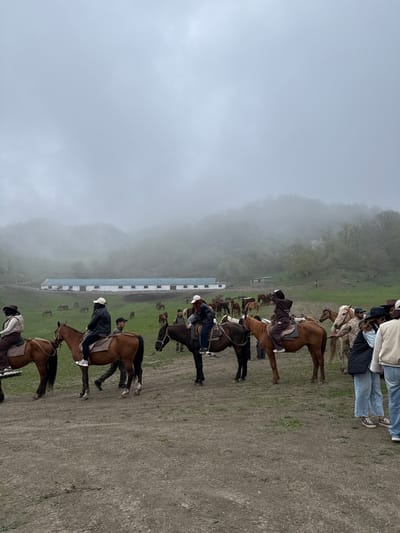 The image shows a group of people on horseback in a landscape near Haghartsin, Armenia. The setting is partly obscured by heavy fog and appears to be a grassy field adjacent to a series of white buildings. People are riding in a line. There are additional horses visible in the background. The terrain consists of dirt and grass with a hillside in the background.