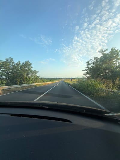The image captures a view from a car driving on a straight asphalt road bordered by a metal guardrail on the left and tall grass and trees on the right. The road has a white dashed line marking its center. The sky is a bright blue with scattered white, fluffy clouds. In the distance, there appears to be a flat, rural landscape with some structures visible. The foreground shows the dashboard of the car. The overall scene suggests a travel journey on a clear day in a semi-rural setting. Based on the metadata, this image was taken in Novara, Italy.