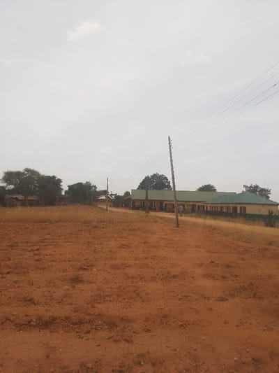 The image shows a dirt road leading to a building in the distance. The building is a school, with a green roof and beige walls. There are people walking on the road in front of the school, but they are not identifiable due to distance and pixelation. The sky is overcast and the ground is dry and red. The environment is rural and the area is sparsely populated. The image was taken in Kwal, Nigeria, at the coordinates 9.804 latitude, 8.648 longitude. The scene is quiet and there is no sign of any activity. There are three wooden utility poles with electrical wires running across the image, which ends on the building.