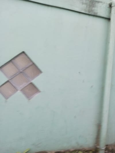 The image displays a section of a light green, possibly teal, stucco or painted concrete exterior wall located in Vieng Phouka, Laos. Four textured, translucent glass blocks are set into the upper-left portion of the wall, arranged diagonally to form a diamond pattern. A darker, horizontal trim or ledge spans the top edge of the wall, exhibiting some discoloration. Along the right side, a light green downspout or conduit pipe runs vertically, with a small, metallic attachment visible near its base. The wall surface shows minor blemishes and patches of grime, particularly near the top trim and adjacent to the vertical pipe. A narrow strip of ground with green vegetation is visible at the very bottom of the frame. No individuals or actions are depicted.