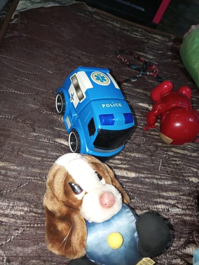 The image shows a stuffed dog toy in the foreground, with its head and upper body visible. Behind the dog, there is a blue toy police car with "POLICE" written on its side and a medical symbol on the roof. To the right of the police car, a red toy resembling a robot or action figure is lying on its back. The toys are placed on a textured brown surface, possibly a blanket or rug. The background is dark and indistinct. There is no indication of the location being Sei Beras Sekata, Indonesia, or any specific city.