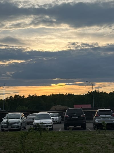 The image shows a parking lot with several cars at dusk. The sky is filled with dramatic clouds, with a bright orange glow from the setting sun breaking through the clouds. A line of trees forms a dark silhouette against the sky in the background. There are a few streetlights visible. The cars are parked on asphalt, with some grass and small saplings in the foreground. The cars visible include a silver hatchback on the left, a white sedan in the middle, a black SUV to the right of the sedan, and a silver SUV on the far right. The license plates of the black SUV and the silver SUV are partially visible. The scene appears to be in a somewhat rural or suburban area, given the dense tree line and the style of the parking lot.