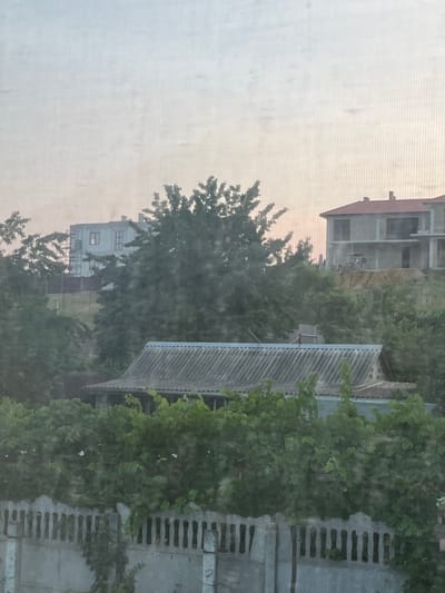 This media file captures a view from a window, with a screen mesh overlaying the scene. The image is oriented vertically, suggesting it was taken while holding a phone in portrait mode.
The scene depicts an outdoor setting with several structures and abundant greenery. In the background, there's a partially constructed building with a red-tiled roof. Adjacent to it is another building, appearing to be a multi-story residential structure with visible windows. Dense trees and foliage dominate the middle ground, interspersed with what appears to be a corrugated roof of a smaller building. To the right, a concrete structure with a decorative, stepped pattern runs vertically along the edge of the frame, possibly a fence or wall. The overall impression is of a somewhat rural or suburban environment with a mix of residential buildings and natural growth.
The lighting suggests it might be late afternoon or early evening, with a soft, diffused light. The sky is overcast or hazy, contributing to a muted color palette. There are no people visible in the frame, nor any clear indication of a specific activity or event taking place. The location context provided, Давыдовка, Ukraine, places the scene geographically. The scene evokes a sense of quietness and perhaps a slightly weathered, lived-in atmosphere. No text is discernible in the image.