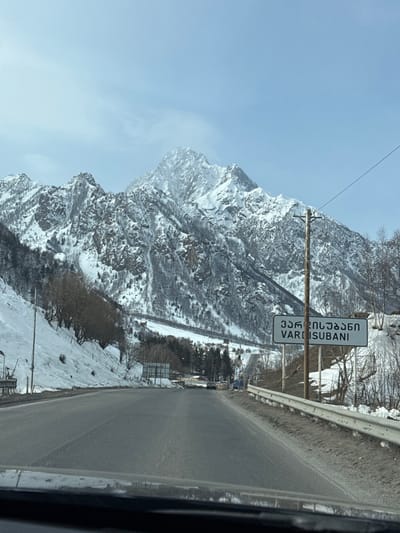 The image depicts a winter mountain landscape in Vardisubani, Georgia, captured from inside a vehicle. A two-lane asphalt road, partially cleared of snow, extends from the foreground into the mid-distance, curving slightly to the left. The bottom edge of the image shows the dark top portion of a vehicle's dashboard or windshield.

To the right of the road, a white rectangular sign, supported by a wooden utility pole, clearly displays "ვარდისუბანი" (Vardisubani) in Georgian script above "VARDISUBANI" in Latin script, identifying the location. A metal guardrail runs along the right edge of the road, which is flanked by snow banks and bare trees.

On the left side of the road, a significant accumulation of snow covers the ground, with scattered bare deciduous trees and some evergreens. Further up the left slope, a narrow, snow-covered track or path is visible. In the mid-distance, several small structures, consistent with rural buildings or houses, are discernible amidst the snow-covered terrain and sparse vegetation. A few dark vehicles are visible on the road ahead.

Dominating the background are imposing, jagged, snow-covered mountain peaks under a clear, pale blue sky with minimal cloud cover. The mountains are heavily blanketed in white snow, with dark rock faces exposed in areas. The overall scene conveys a cold, clear winter day in a mountainous region. No people are explicitly visible.
