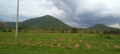 This is a landscape image of rolling green hills and a grassy field, possibly taken in the city of Gu, Nigeria. A tall, light-colored utility pole stands on the left side of the frame, casting a faint shadow. The sky is overcast with dramatic, dark clouds. The foreground is dominated by a green field with some patches of exposed soil. In the middle ground, there are scattered trees and shrubs, with the base of the hills visible. The hills themselves are covered in lush green vegetation. The overall atmosphere is one of natural beauty under a cloudy sky.