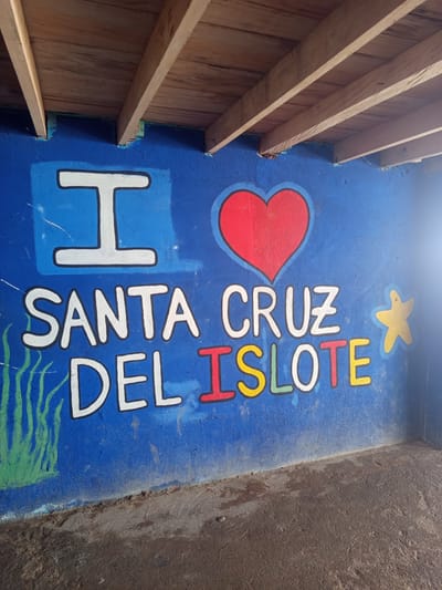 The image shows a blue mural on a textured wall, possibly in a covered outdoor area, as evidenced by the wooden beams and ceiling planks visible at the top. The mural features large, colorful lettering. The phrase "I HEART SANTA CRUZ DEL ISLOTE" is painted prominently. The "I" is a white block letter within a blue square. A red heart is painted next to it. The words "SANTA CRUZ" are in white letters, and "DEL ISLOTE" is in multi-colored letters (red, yellow, green, white, and yellow). To the right of "CRUZ" is a yellow starfish. Green wavy lines, possibly representing seaweed or underwater plants, are painted on the left side of the mural. The bottom of the wall meets a rough, concrete or dirt floor, which appears damp in places. The overall scene is a snapshot of a vibrant, locally made declaration of affection for Santa Cruz del Islote, a unique island community in the Caribbean Sea, part of the Sucre department of Colombia.