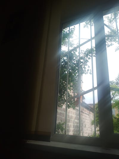 A sunlit window in Nor Hachin, Armenia, looks out onto a brick wall and trees. The window has a white frame and metal bars across it. Sunlight streams through the bars, creating visible rays. Outside, green leaves from trees are visible, as is a section of a brick wall. The interior of the room is dark, with a curtain partially drawn on the left side. The windowsill is white.