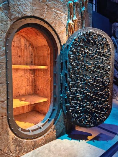 The image depicts an open vault or safe-like structure. The opening to the safe is constructed of stone, with a circular metal frame bolted around the opening. Inside the safe, there are two shelves. The interior of the safe is lit with a warm, orange light. The vault door is partially open, revealing an intricate metal design resembling a tangle of vines or branches. The door appears to be constructed of a dark metal, possibly iron or steel. The scene is illuminated with a combination of orange light from within the safe and blue light cast on the ground near the door. The setting appears to be a themed environment, possibly a museum or attraction, suggested by the artificial rock formations and the overall lighting design. There is no indication of the precise location in Three Rivers, United Kingdom, however, it is more likely this is in a theme park or museum-like area. No people or interactions are visible in the frame.