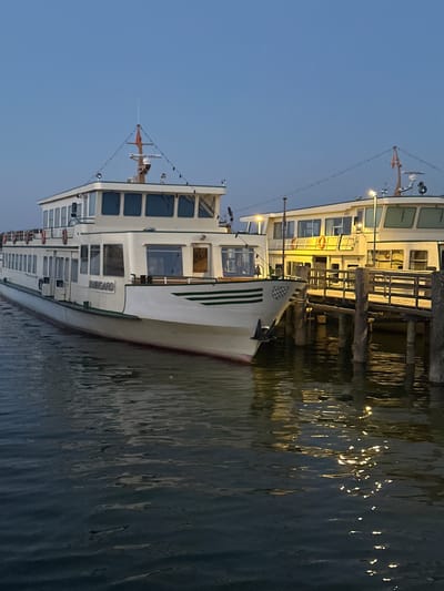 The image shows two passenger boats docked at a pier in Prien am Chiemsee, Germany. The boat in the foreground is white with green trim and has "RHEINGARD" written on its side. It has multiple windows and appears to be a ferry or tour boat. The second boat, partially visible behind the first, is also white and has illuminated windows, suggesting it is also a passenger vessel. The boats are moored to a wooden pier, which is illuminated by lights. The water is dark and reflects the lights from the boats and the pier. The sky is a clear, pale blue, indicating either dawn or dusk. The overall scene is serene and suggests a quiet moment before or after the boats have been in service.