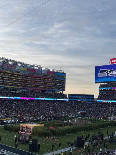 A densely packed stadium is visible, filled with a crowd of spectators. Two large stadium screens display team logos. The field is lined with figures and equipment, including large speakers and a pink structure. The sky is a pale blue with wispy clouds. Banners and stadium lighting are prominently featured.