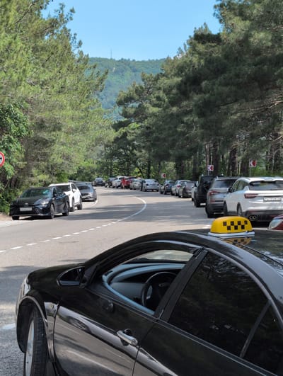 In Dzhankhot, Russia, a line of cars is parked on the side of a winding, tree-lined road. The foreground is dominated by the partial view of a black car, its passenger side door, window, and dashboard visible. A yellow taxi sign with a checkered pattern sits atop the black car. Beyond this, a procession of vehicles, including a white SUV and a silver SUV, are also parked. The road curves to the right, with more cars visible further down the line. Red and white directional signs are placed along the roadside. The scene is set against a backdrop of lush green trees and a hazy blue sky, with mountains visible in the distance. One person is seen standing near the side of the road in the middle distance, facing away from the camera.