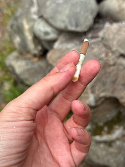 A close-up, eye-level shot captures a person's hand holding a lit cigarette with smoke rising. The cigarette, featuring a brown filter and white paper, is positioned between the index and middle fingers. The hand is partially visible, with the skin showing a light tone and some visible lines. In the blurred background, a pile of grey rocks and some green foliage are discernible, suggesting an outdoor setting. The scene does not provide any information about the location in the city of Cheposh, Russia.