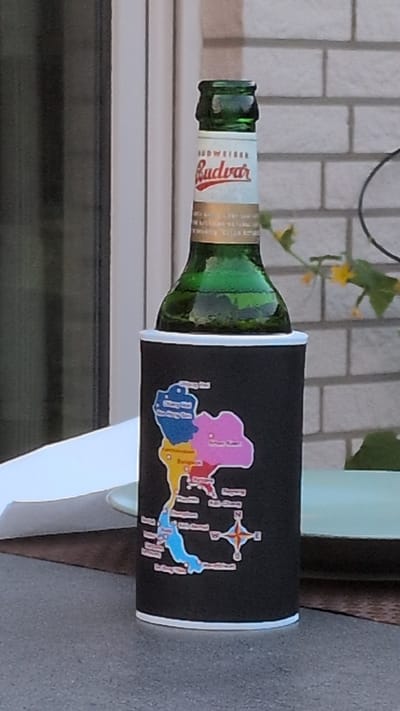 A Budweiser beer bottle sits in a black koozie with a colorful map of Thailand printed on it. The koozie is on a gray, textured surface, possibly a table. In the background, a blurred brick wall and green foliage are visible. The scene appears to be outdoors, likely in a backyard or patio setting. The image does not provide specific information about the location within Dissen am Teutoburger Wald, Germany.