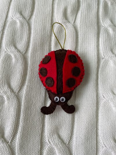 A felt ladybug ornament rests on a white cable-knit sweater. The ladybug has a red body with brown spots and a brown stripe, googly eyes, brown antennae, and a gold loop for hanging. The sweater is textured with raised cable patterns. The location, Лесной Пейзаж Кп (шарапово, Russia, is irrelevant to the visible content.