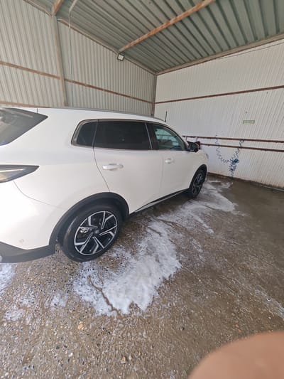 The image shows a white car being washed in a covered bay at a car wash in Shamkhal, Russia. The car is positioned on the left side of the frame, facing right. There is a lot of foam and water on the ground around the car, indicating the washing process is underway. The car wash bay has corrugated metal walls and a metal roof, supported by wooden beams. A coiled blue hose is visible on the right wall, suggesting it's used for washing. A green sign with Russian text is also present on the wall. The ground appears to be a mixture of gravel and concrete, wet and soapy. No people are visible in the frame.