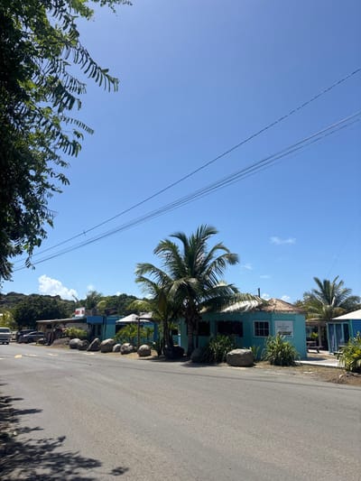 The image displays a daytime roadside scene in Spanish Town, British Virgin Islands, under a clear blue sky. An asphalt road occupies the foreground and mid-ground, extending towards the distant background. The road's left edge is partially shaded by overhanging green foliage. Further down the road on the left, several vehicles are partially visible, including a white utility vehicle or SUV.
On the right side of the road, a series of single-story structures are positioned. The most prominent building is light blue with a round, thatched roof, featuring a white sign with blue text that reads "EASY STOPPE SNACK." Adjacent to it, further right, are additional light blue buildings, some with metal roofs and others with thatched elements. Multiple large palm trees are interspersed among the buildings, along with various green bushes and tropical foliage. A line of large, smooth, light-colored rocks borders the buildings, separating them from the road. In the upper portion of the frame, three parallel power lines traverse the clear blue sky horizontally. The background consists of verdant, low-lying hills covered with dense vegetation. The scene is devoid of visible individuals.